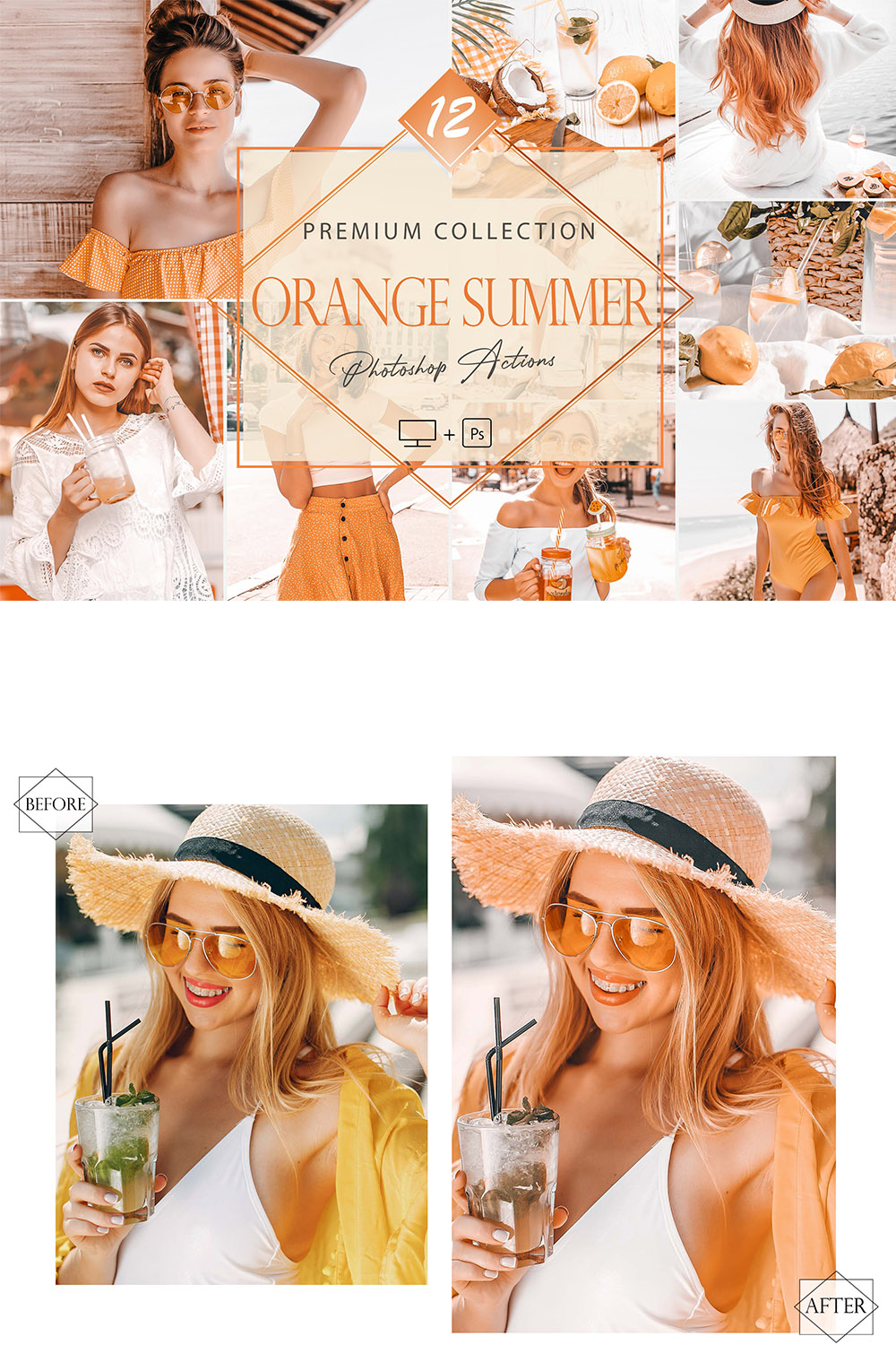 12 Photoshop Actions, Orange Summer Ps Action, Monochromatic ACR Preset, Bright Filter, Lifestyle Theme For Instagram, Summer Presets, Warm Portrait pinterest preview image.