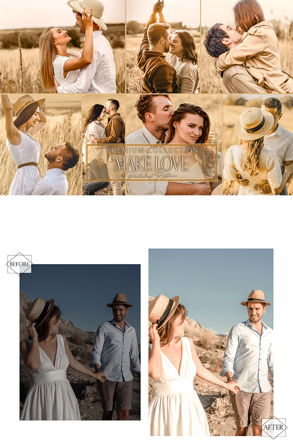 12 Photoshop Actions, Make Love Ps Action, Bright ACR Preset, Yellow And Orange Filter, Top Theme, Blog Instagram, Nature Image, Brilliant pinterest preview image.