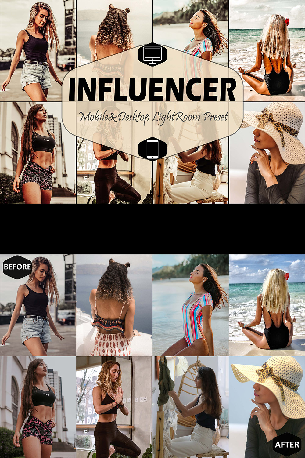 10 Influencer Mobile & Desktop Lightroom Presets, tan LR preset, Portrait Trendy Filter, DNG photographer blogger Lifestyle Instagram Theme pinterest preview image.