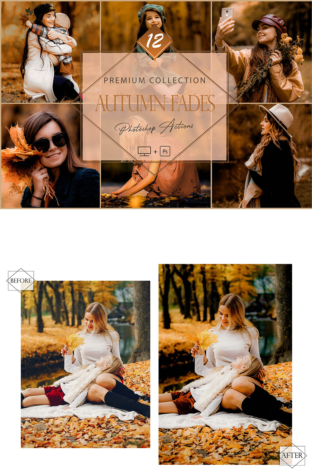 12 Photoshop Actions, Autumn Fades Ps Action, Fall Cozy ACR Preset, Orange Filter, Lifestyle Theme For Instagram, Blur Moody, Warm Portrait pinterest preview image.