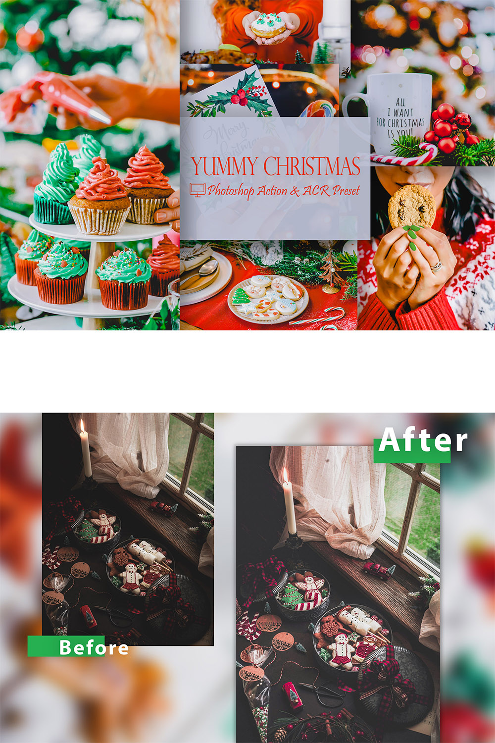 12 Photoshop Actions, Yummy Christmas Ps Action, Xmas ACR Preset, Saturation Filter, Lifestyle Theme For Instagram, Colorful Food, Professional Portrait pinterest preview image.
