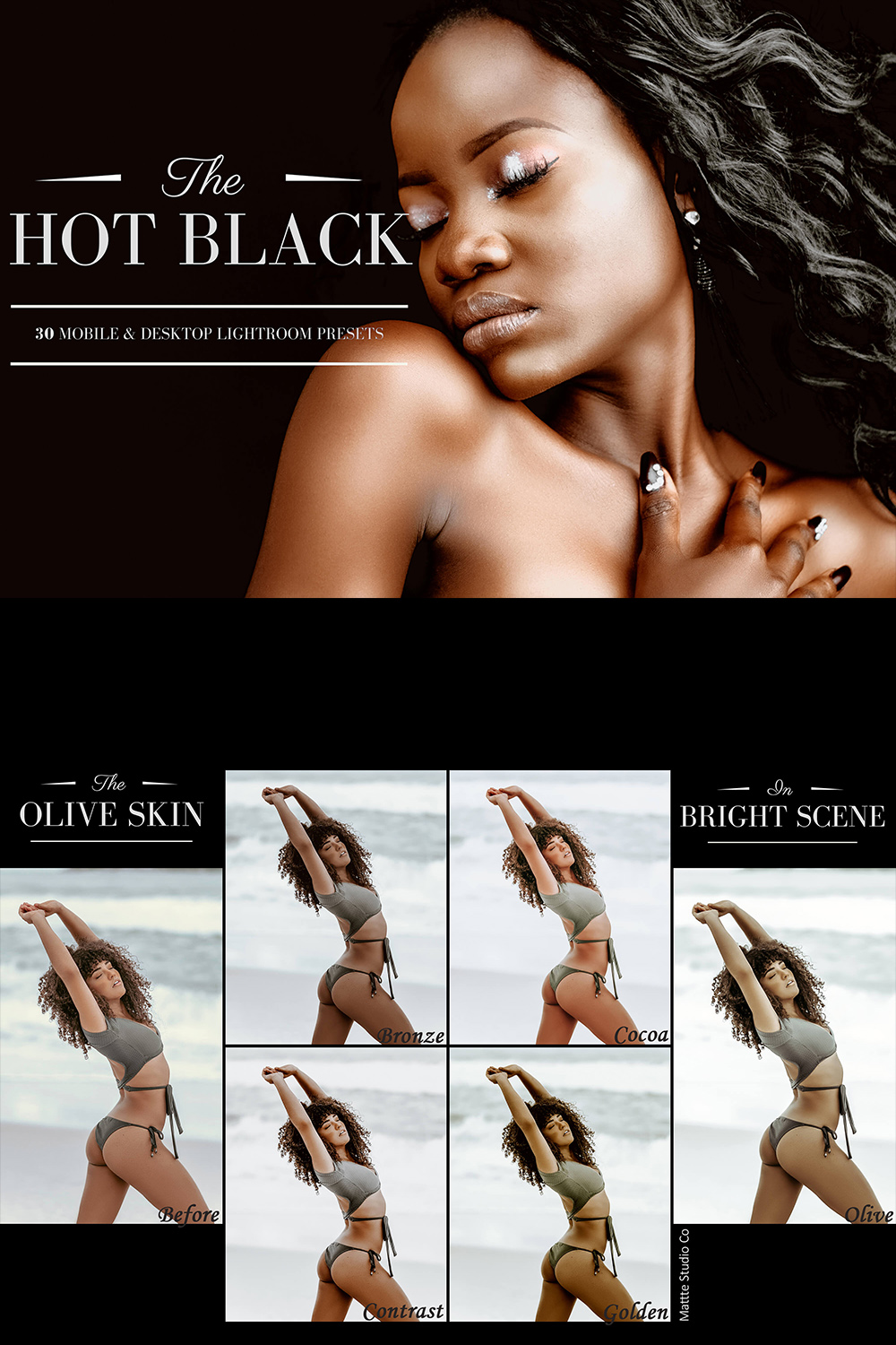 30 Hot Black Mobile & Desktop Lightroom Presets, dark skin LR preset, Portrait editing Filter, DNG Lifestyle Photographer Instagram Theme pinterest preview image.