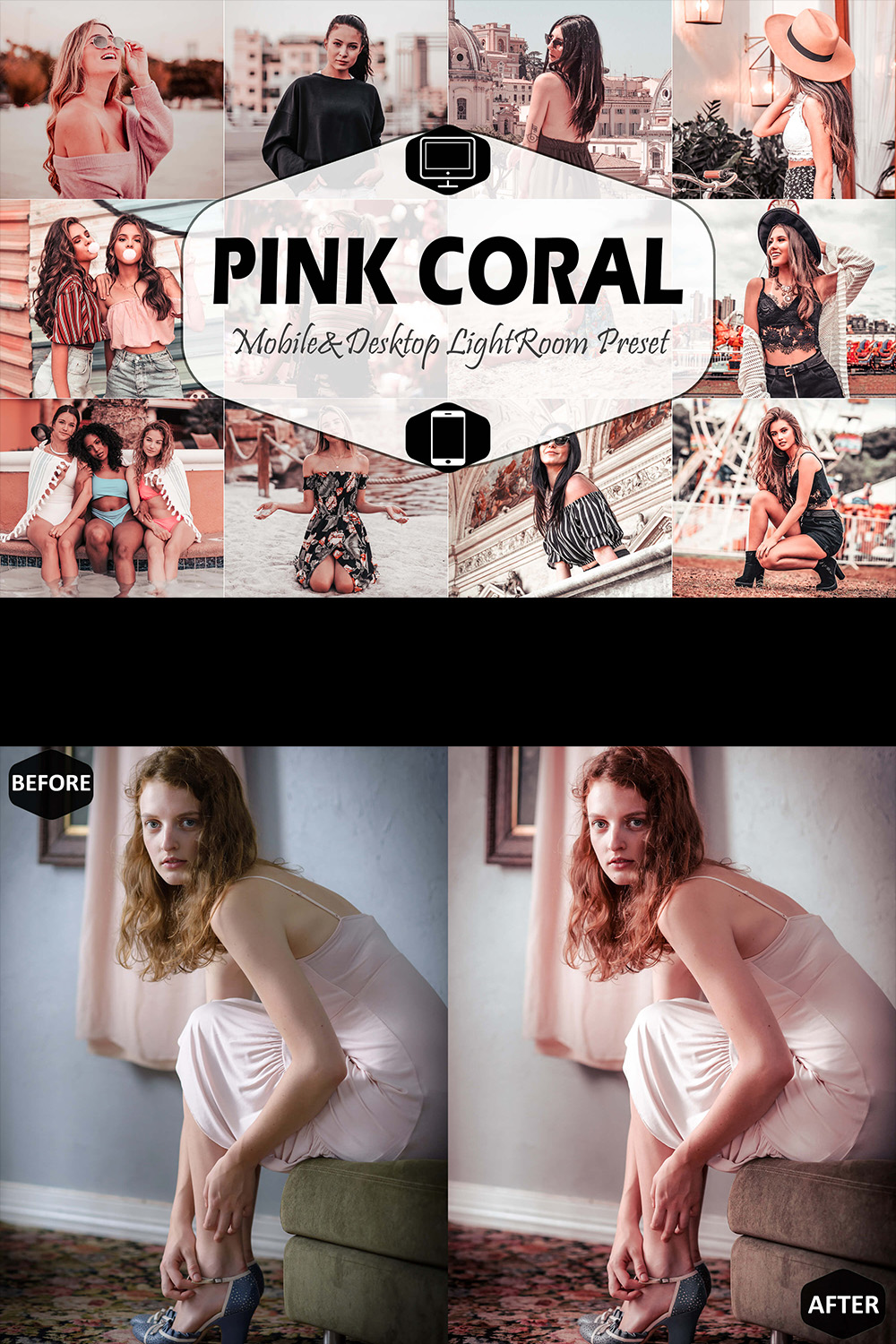 Pink Coral Mobile & Desktop Lightroom Presets, Peach modern LR preset, Blush Trendy Filter , Best DNG Travel Lifestyle Instagram Theme pinterest preview image.