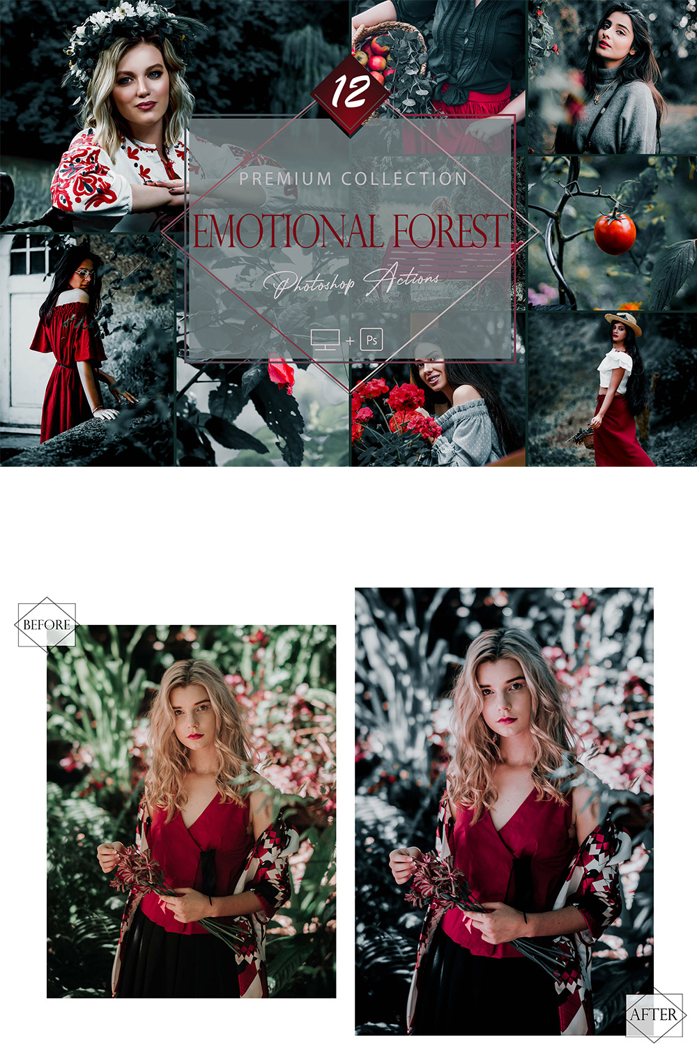 12 Photoshop Actions, Emotional Forest Ps Action, Jungle Cozy ACR Preset, Green Filter, Lifestyle Theme For Instagram, Girl Moody, Cold Portrait pinterest preview image.