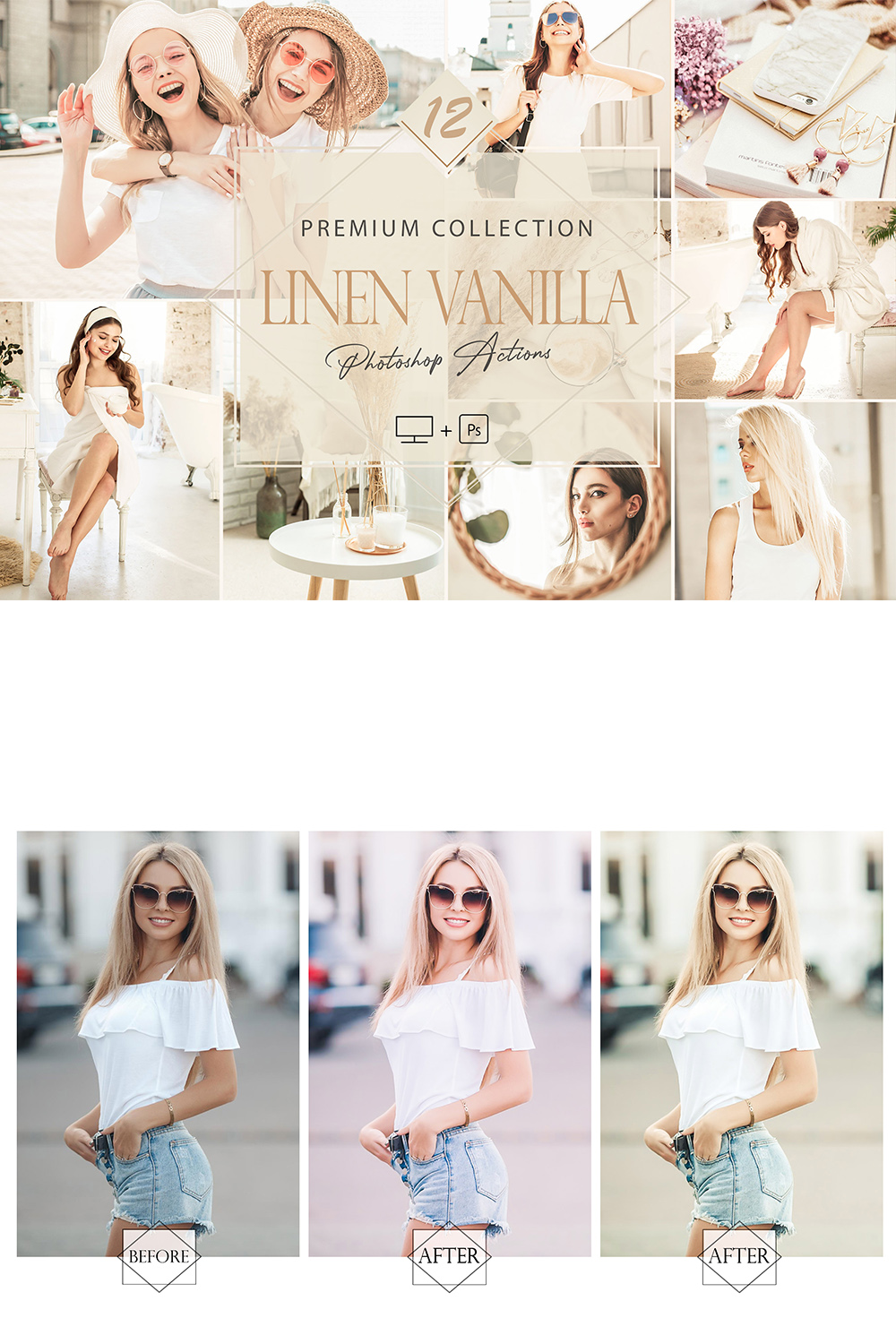 12 Photoshop Actions, Linen Vanilla Ps Action, Beige ACR Preset, Bright Filter, Lifestyle Theme For Instagram, Spring Presets, Warm Portrait pinterest preview image.