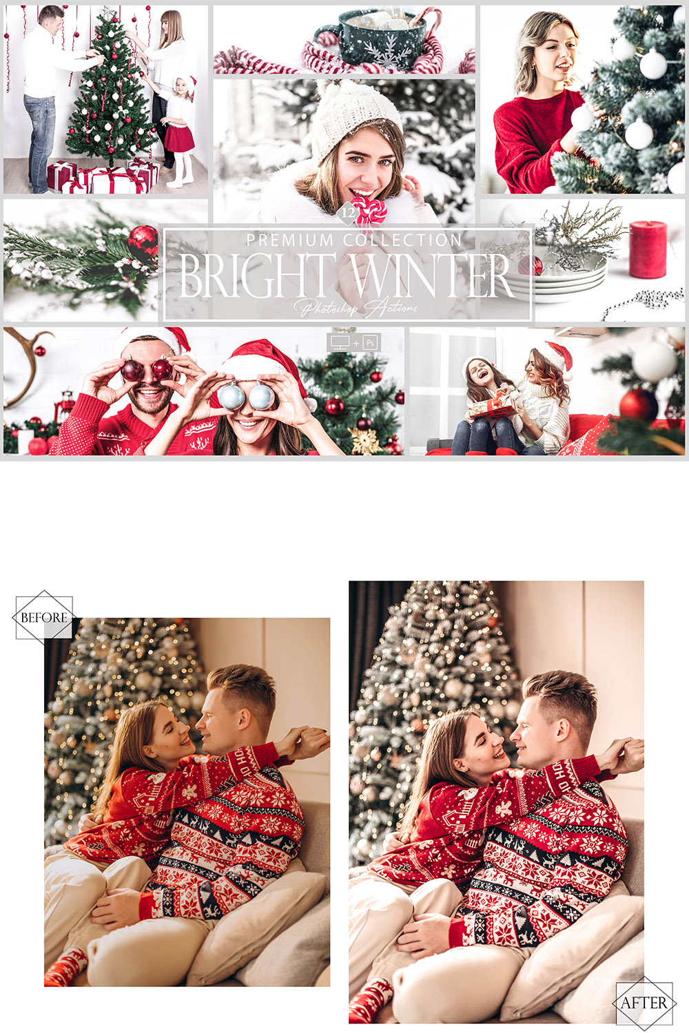 12 Photoshop Actions, Bright Winter Ps Action, Red ACR Preset, Saturation Filter, Lifestyle Theme For Instagram, Christmas, Family Photos pinterest preview image.