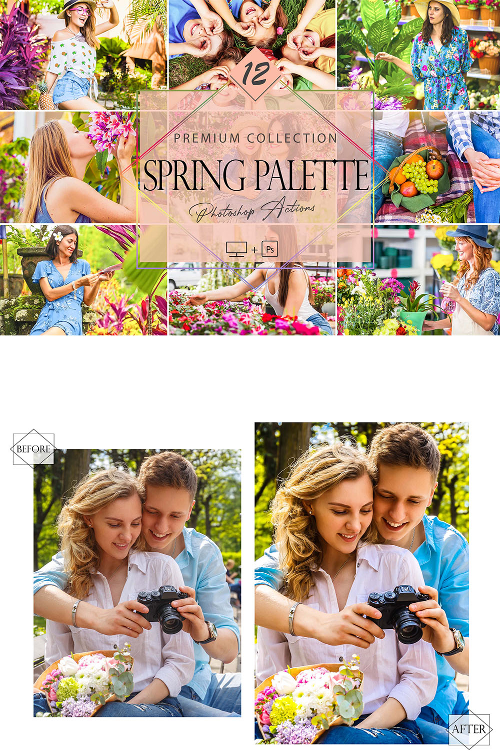 12 Photoshop Actions, Spring Palette Ps Action, Green ACR Preset, Bright Filter, Lifestyle Theme For Instagram, Colorful Presets, Warm Portrait pinterest preview image.