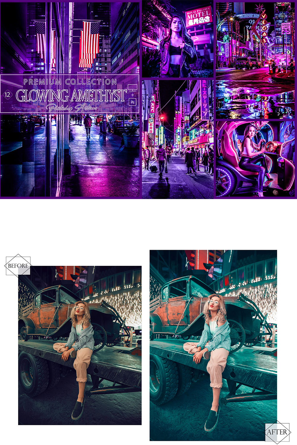 12 Photoshop Actions, Glowing Amethyst Ps Action, Moody ACR Preset, Purple And Blue Filter, Top Theme, Blog Instagram, Nature Image, Night pinterest preview image.