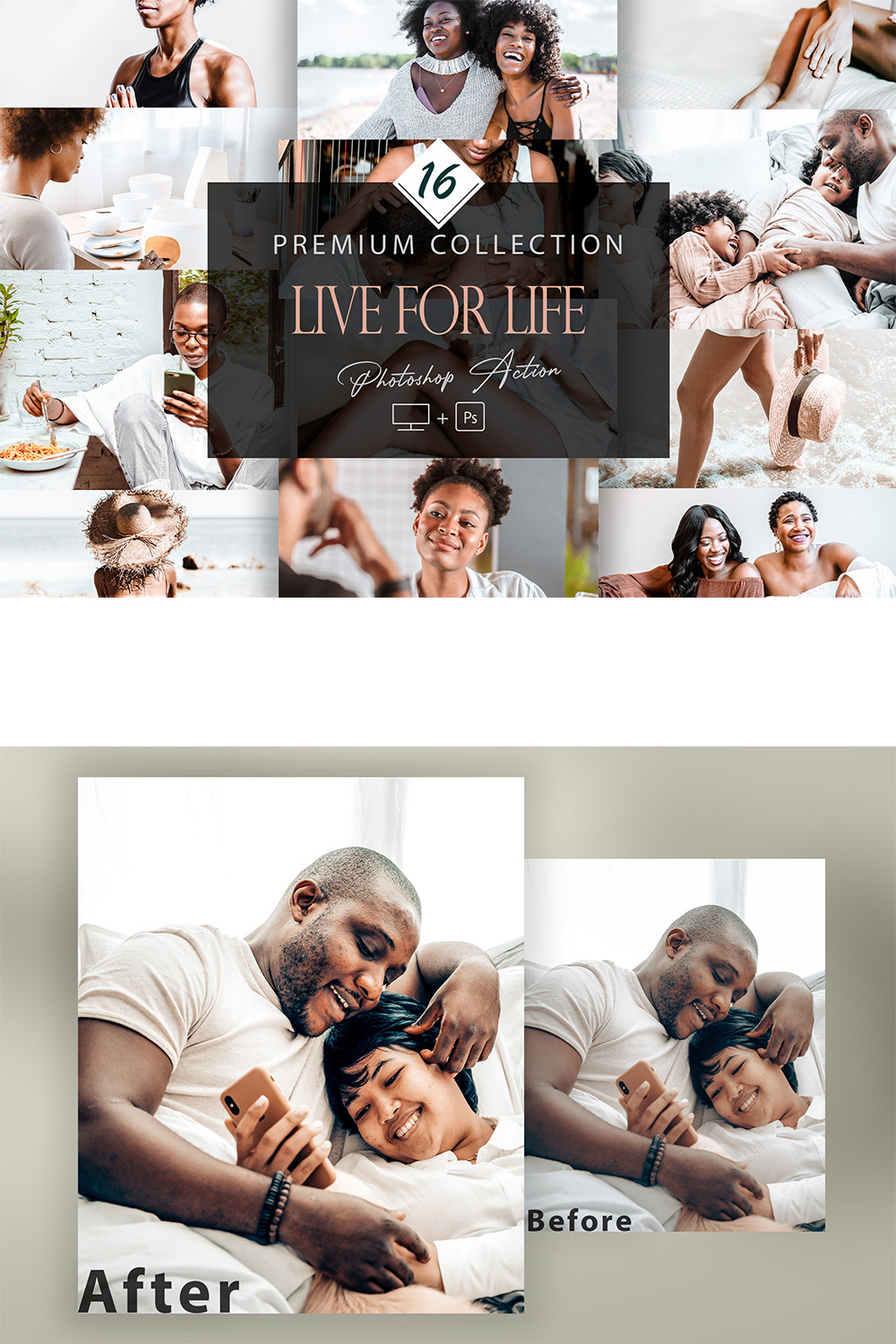 16 Photoshop Actions, Live For Life Ps Action, Skin ACR Preset, Saturation Filter, Lifestyle Theme For Instagram, Top Filters, Selfie Portrait pinterest preview image.