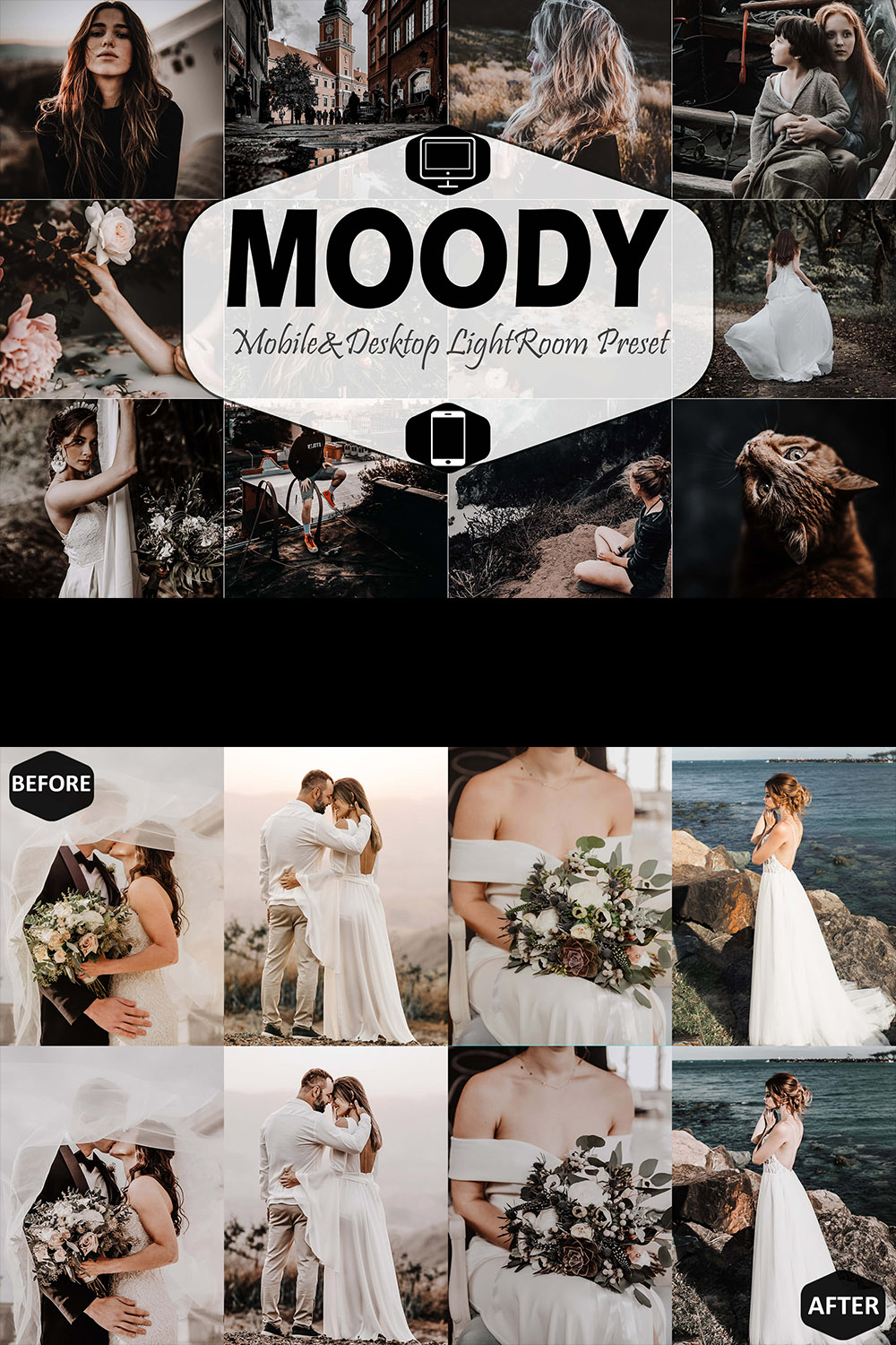 Moody Mobile & Desktop Lightroom Presets, instagram modern LR preset, trendy filter , Best Blogger DNG travel lifestyle fashion theme pinterest preview image.
