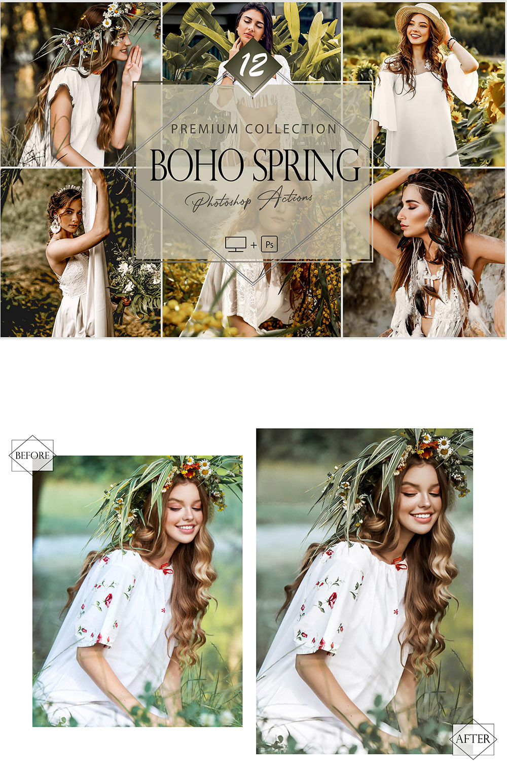 12 Photoshop Actions, Boho Spring Ps Action, Bohemian ACR Preset, Moody Filter, Lifestyle Theme For Instagram, Summer Presets Warm Portrait pinterest preview image.