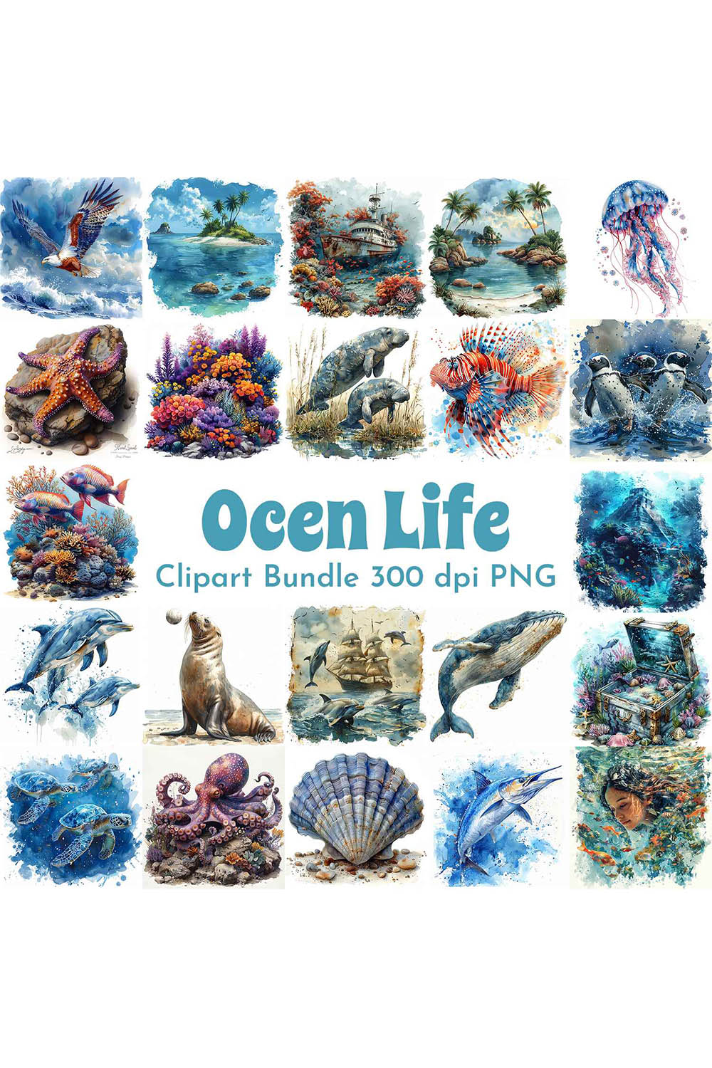 Ocean Clipart Bundle pinterest preview image.