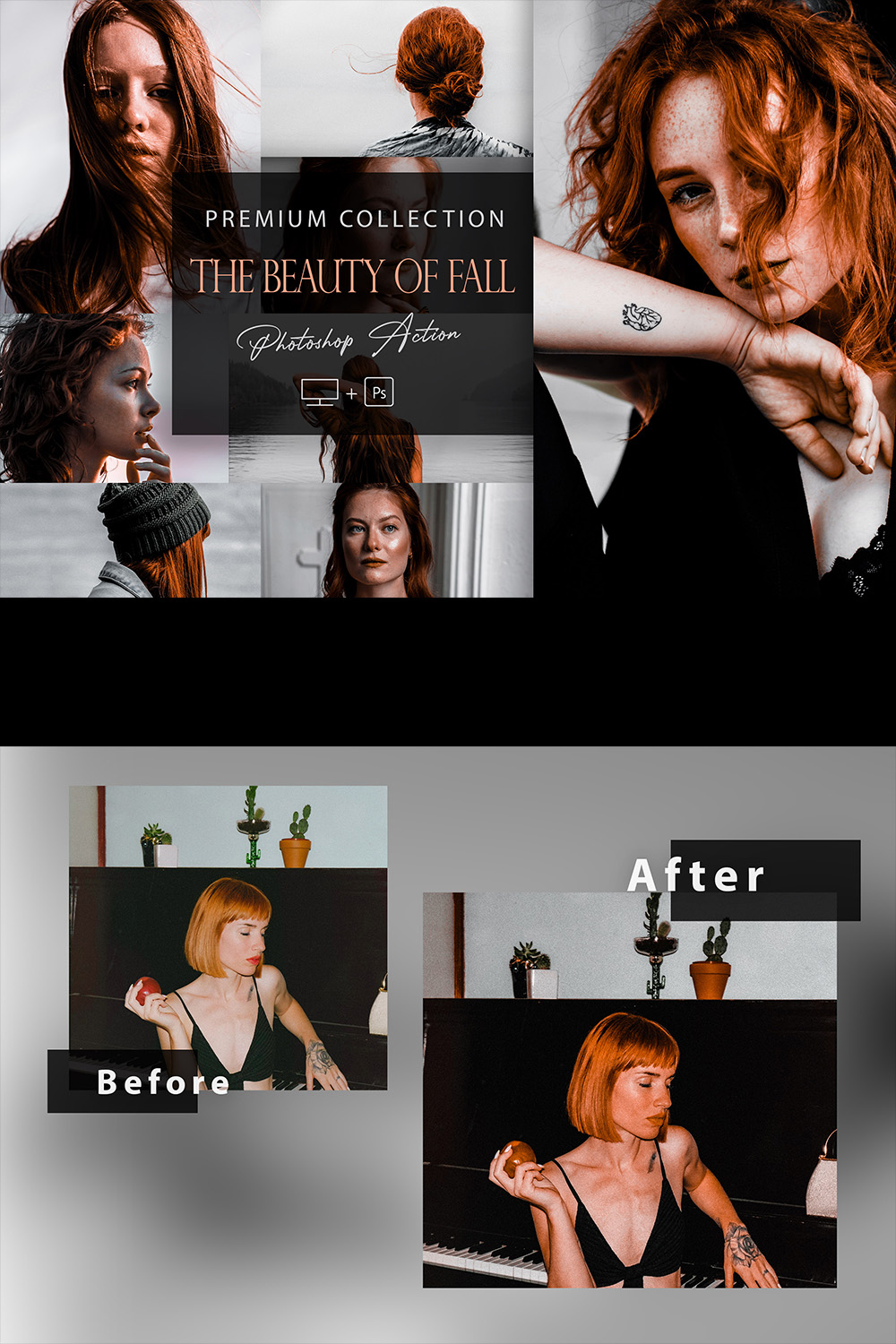 12 Photoshop Actions, The Beauty Of Fall Ps Action, Autumn ACR Preset, Saturation Filter, Lifestyle Theme For Instagram, Fall Filters, Ginger Portrait pinterest preview image.