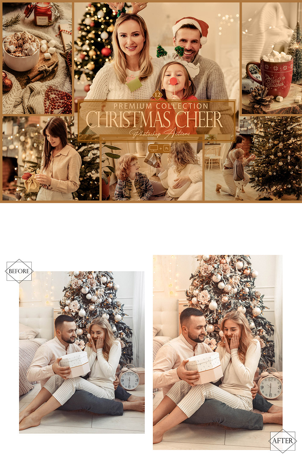 12 Photoshop Actions, Christmas Cheer Ps Action, Xmas ACR Preset, Wormy Filter, Lifestyle Theme For Instagram, Winter, Family Photos pinterest preview image.