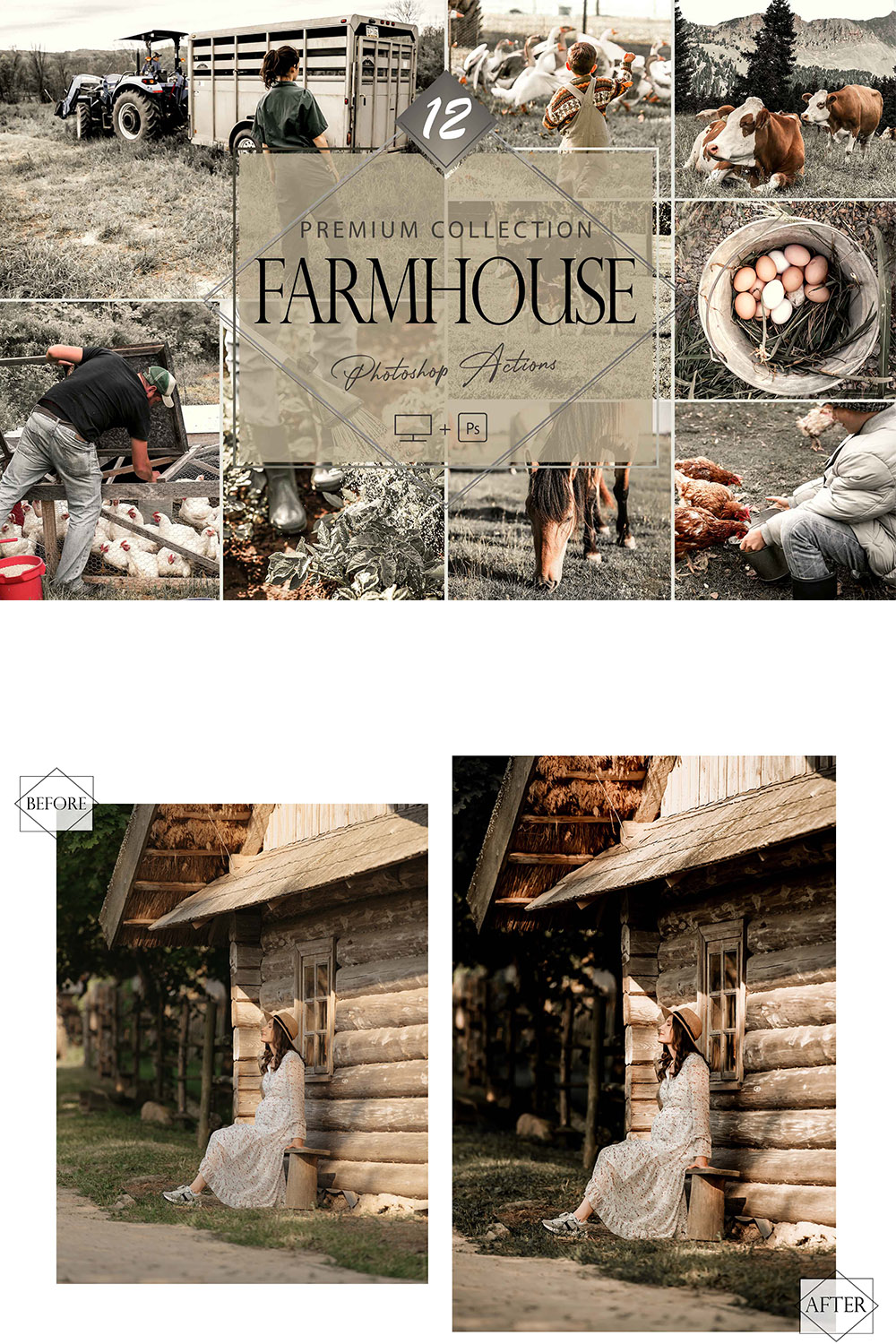 12 Photoshop Actions, Farmhouse Ps Action, Farmstead Cozy ACR Preset, Green Filter, Lifestyle Theme For Instagram, Avocado Moody, Warm Portrait pinterest preview image.