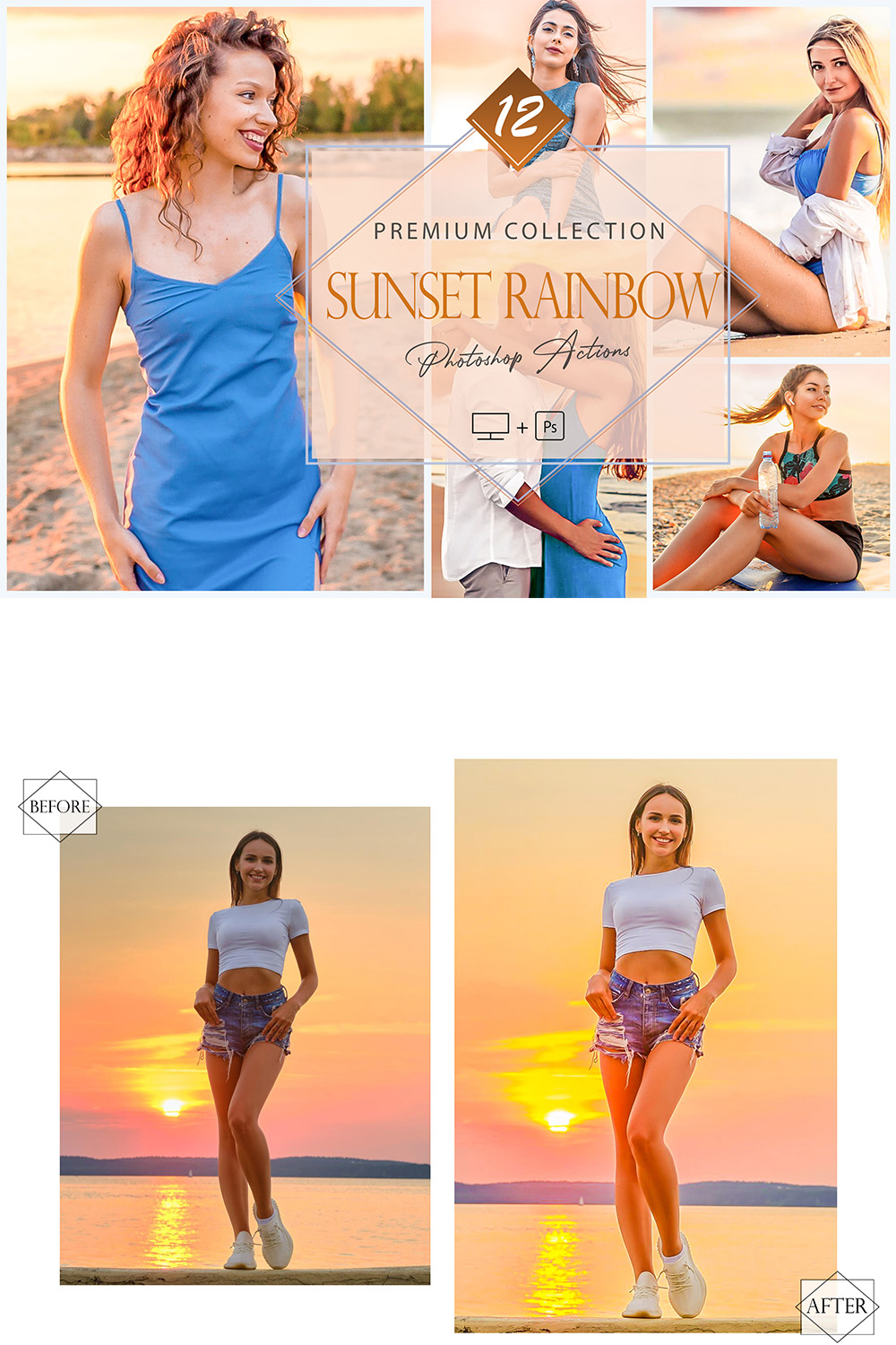 12 Photoshop Actions, Sunset Rainbow Ps Action, Golden Hour ACR Preset, Bright Filter, Lifestyle Theme For Instagram, Summer Presets, Warm Portrait pinterest preview image.