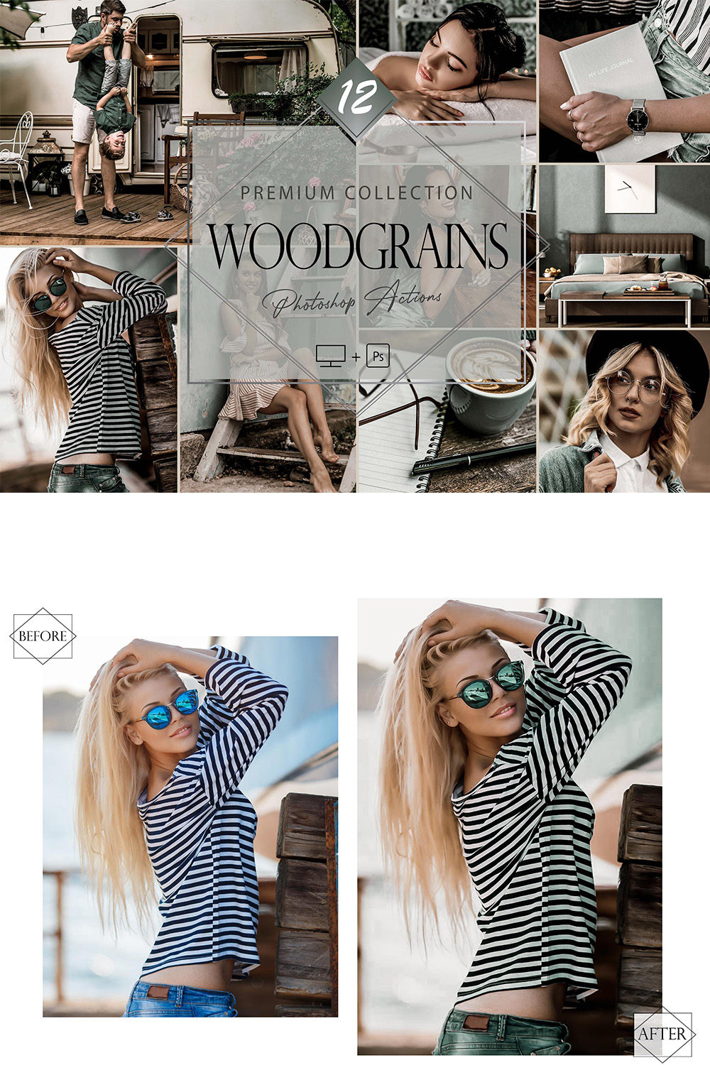 12 Photoshop Actions, Woodgrains Ps Action, Green ACR Preset, Brown Filter, Lifestyle Theme For Instagram, Spring Moody, Warm Portrait pinterest preview image.