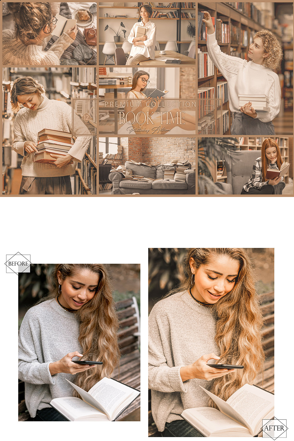 12 Photoshop Actions, Book Time Ps Action, Bright ACR Preset, Gray And Orange Filter, Top Theme, Blog Instagram, Study Image pinterest preview image.