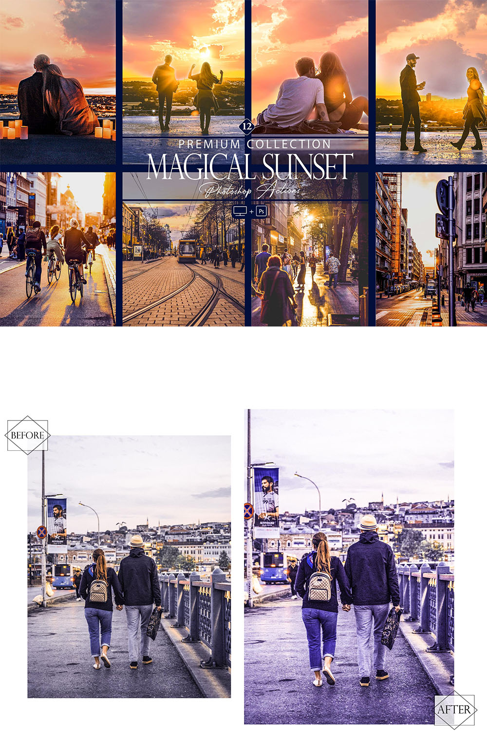 12 Photoshop Actions, Magical Sunset Ps Action, Blue ACR Preset, Saturation Filter, Lifestyle Theme For Instagram, Golden Hour, Cloud Photos pinterest preview image.