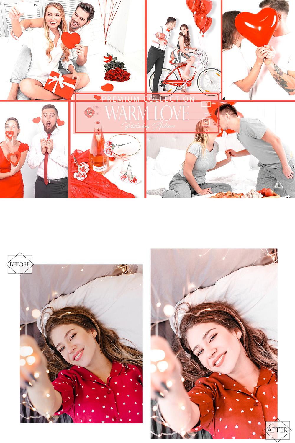 12 Photoshop Actions, Warm Love Ps Action, Bright ACR Preset, White And Red Filter, Top Theme, Blog Instagram, Nature Image, Brilliant, Ruby pinterest preview image.