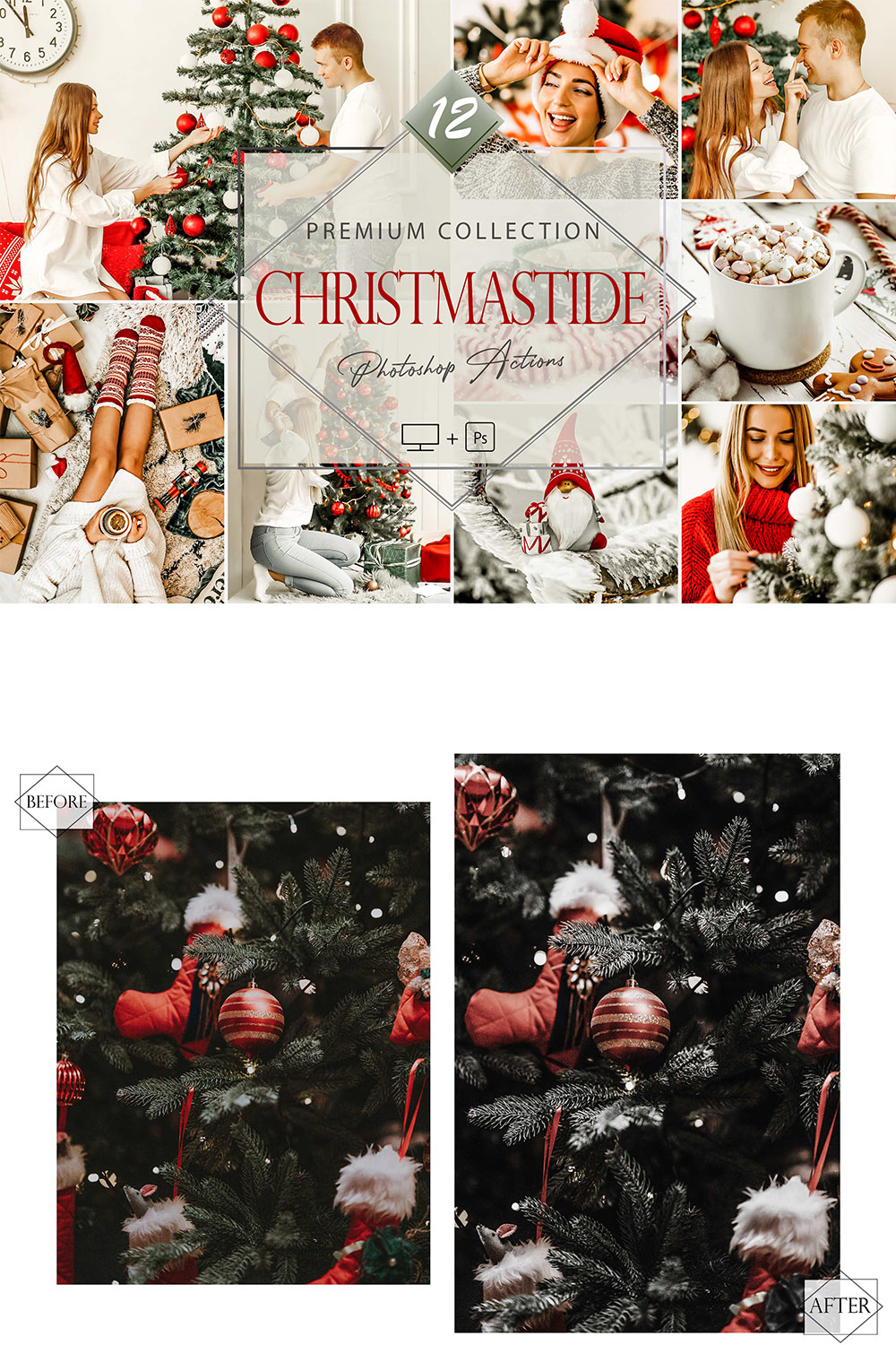 12 Photoshop Actions, Christmastide Ps Action, Christmas ACR Preset, Green Filter, Lifestyle Theme For Instagram, Winter Bright, Warm Portrai pinterest preview image.