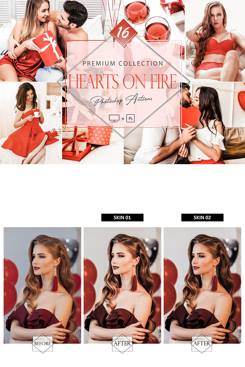 16 Photoshop Actions, Hearts On Fire Ps Action, Valentine ACR Preset, Love Filter, Lifestyle Theme For Instagram, Winter Bright, Red Sexy Portrait pinterest preview image.