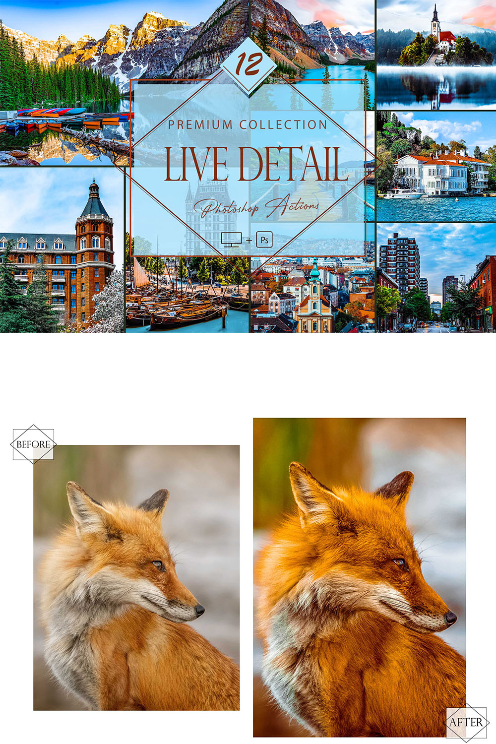 12 Photoshop Actions, Live Detail Ps Action, HDR ACR Preset, Saturation Filter, Landscape Theme For Instagram, Sharp Effect, Travel Blogger pinterest preview image.