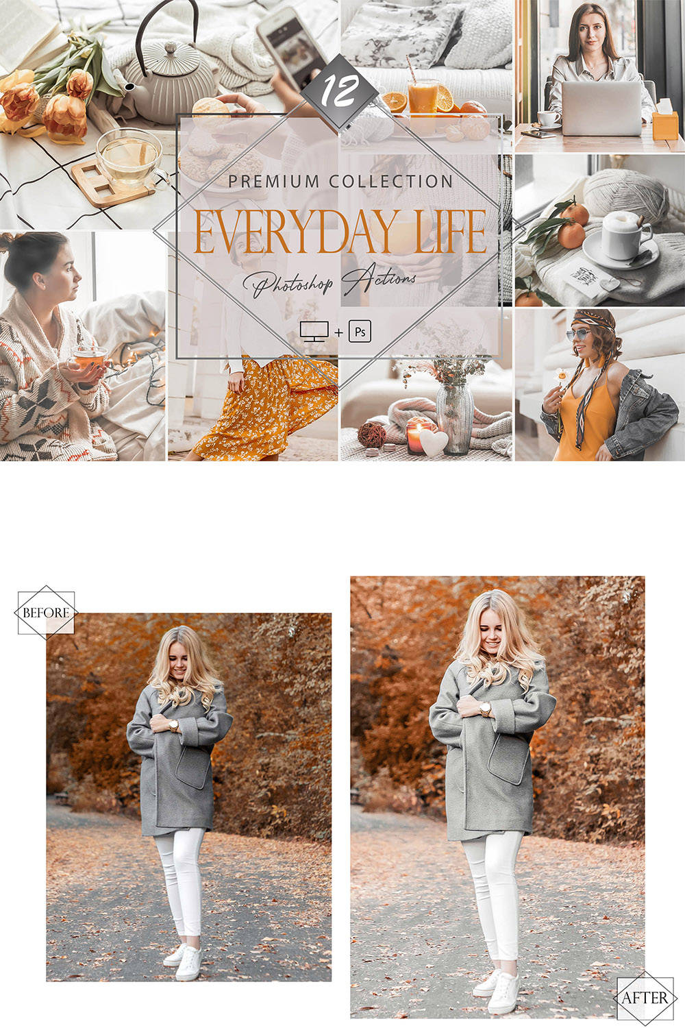 12 Photoshop Actions, Everyday Life Ps Action, Gray ACR Preset, Autumn Filter, Lifestyle Theme For Instagram, Fall Presets, Warm Portrait pinterest preview image.