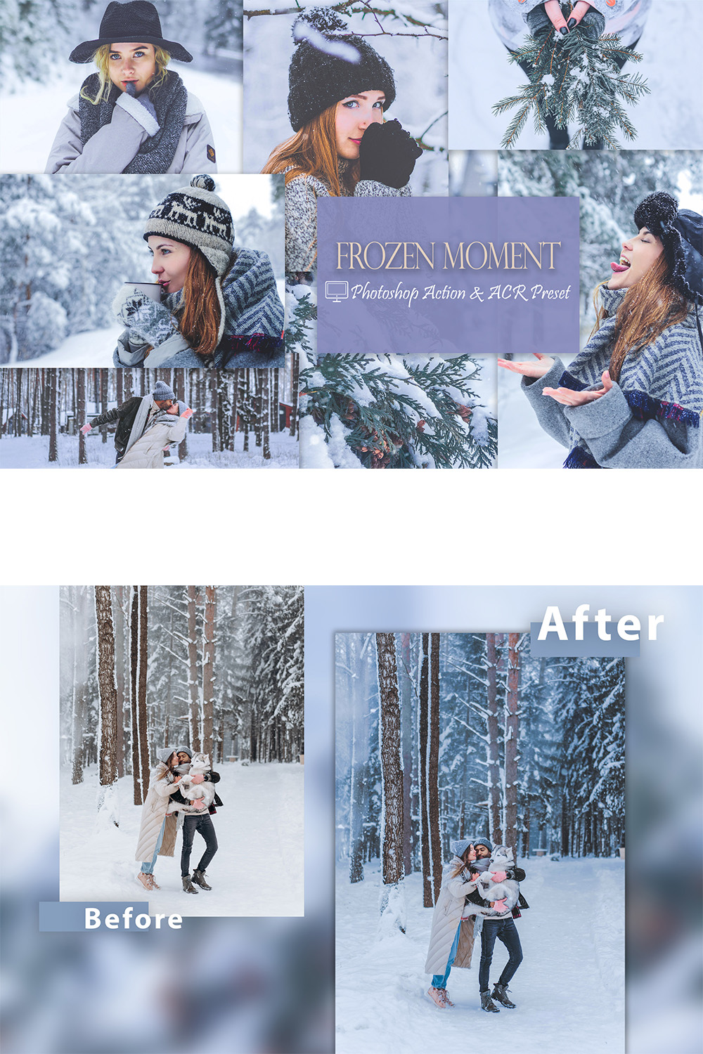 12 Photoshop Actions, Frozen Moment Ps Action, Winter ACR Preset, Saturation Filter, Lifestyle Theme For Instagram, Cold Blue, Professional Portrait pinterest preview image.