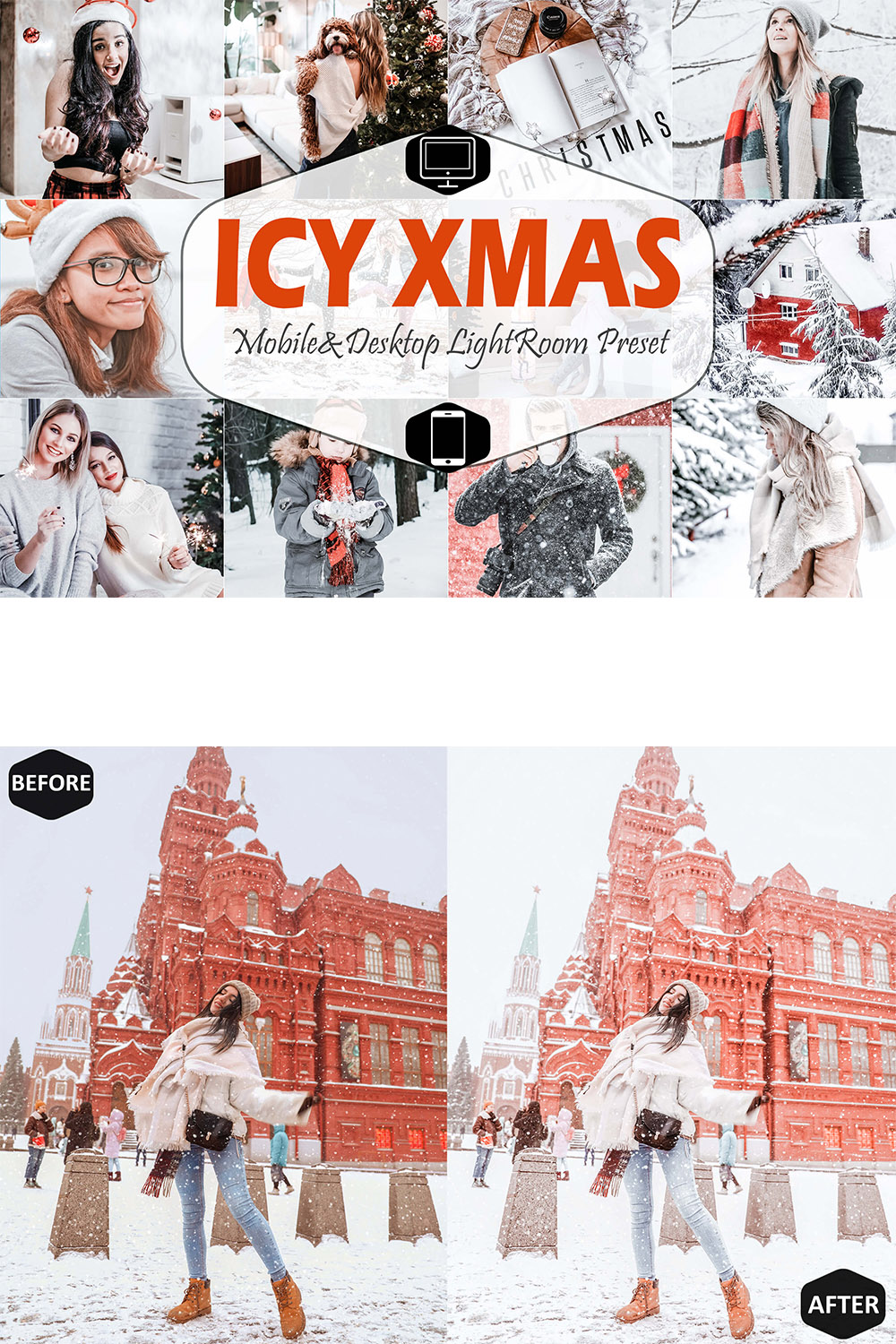 Icy Xmas Mobile & Desktop Lightroom Presets, instagram modern LR preset, trendy filter, Blogger DNG travel lifestyle fashion theme pinterest preview image.