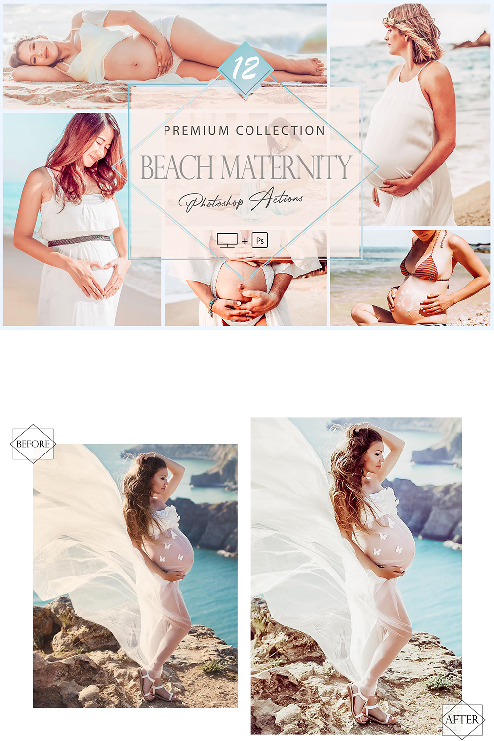 12 Photoshop Actions, Beach Maternity Ps Action, Pregnancy ACR Preset, Bright Filter, Lifestyle Theme For Instagram, Spring Presets, Warm Portrait pinterest preview image.