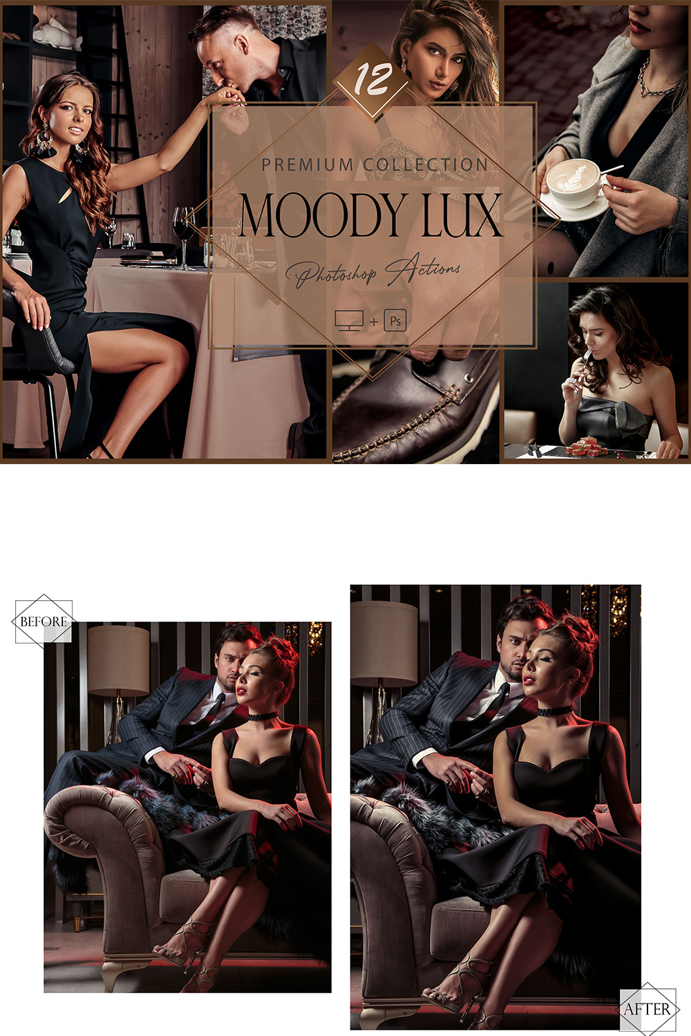 12 Photoshop Actions, Moody Lux Ps Action, Luxuries ACR Preset, Black Filter, Lifestyle Theme For Instagram, luxuriousness, Bronze Portrait pinterest preview image.