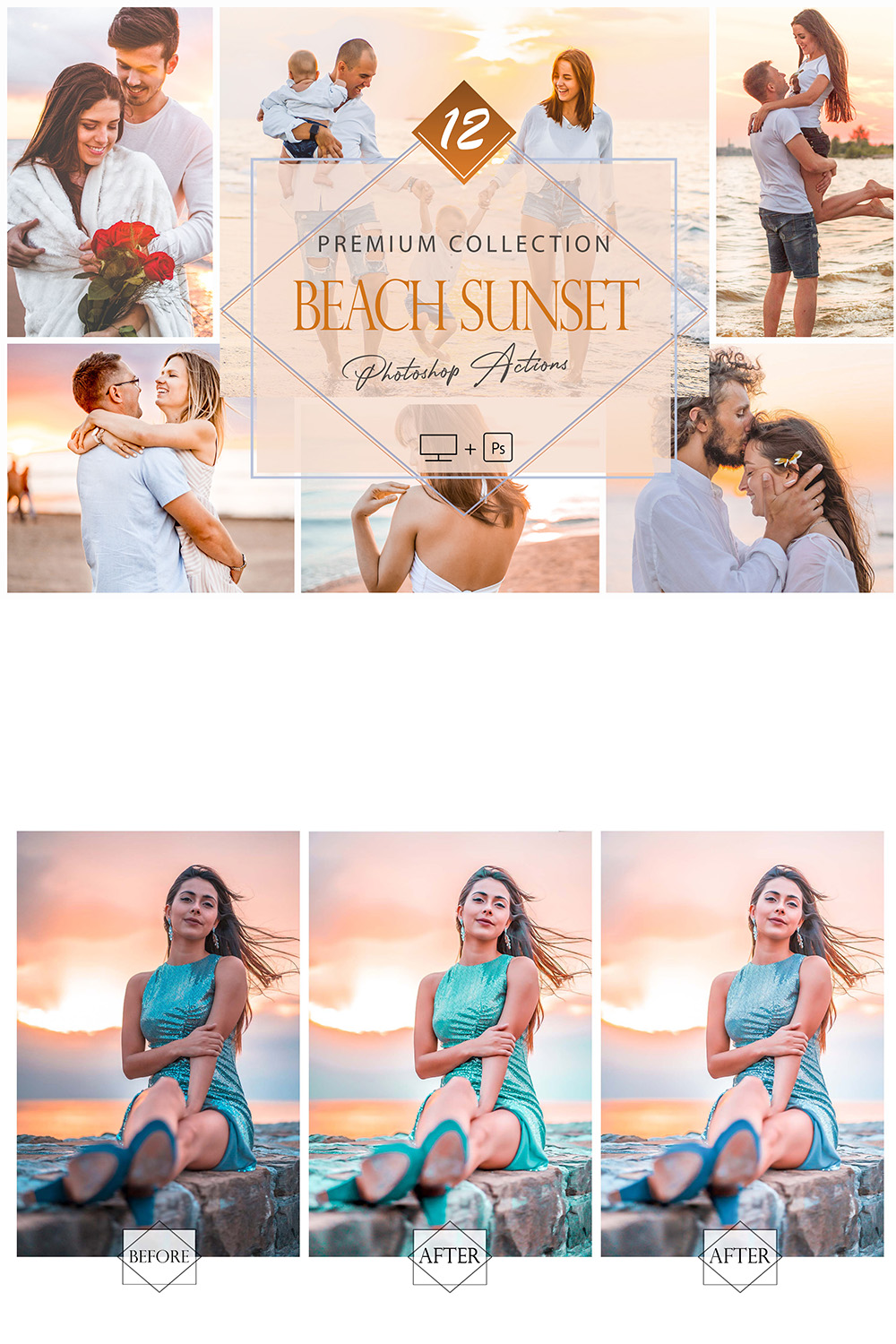 12 Photoshop Actions, Beach Sunset Ps Action, Sunrise ACR Preset, Bright Filter, Lifestyle Theme For Instagram, Spring Presets, Warm Portrait pinterest preview image.