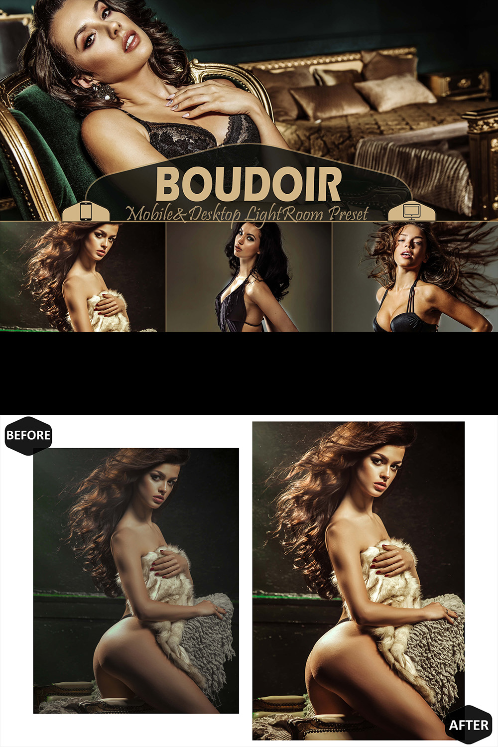 10 Boudoir Mobile & Desktop Lightroom Presets, beauty nude Filter for LR preset, Portrait, DNG Lifestyle Blogger Photography Instagram Theme pinterest preview image.