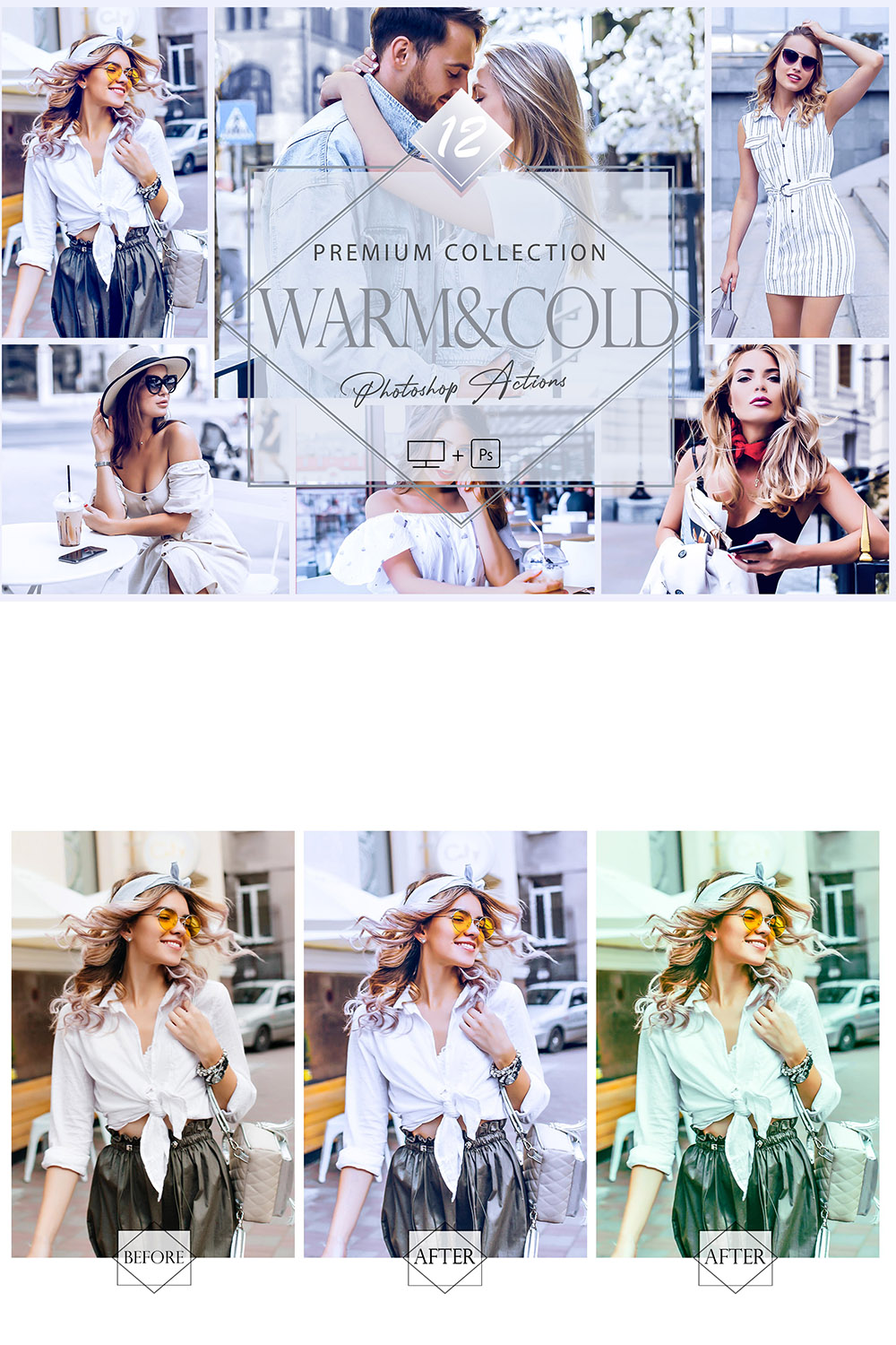 12 Photoshop Actions, Warm & Cold Ps Action, Cool Tint ACR Preset, Bright Filter, Lifestyle Theme For Instagram, Spring Presets, Warm Portrait pinterest preview image.