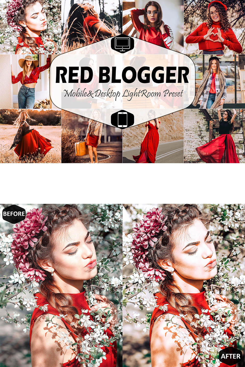 Red Blogger Mobile & Desktop Lightroom Presets, instagram modern LR preset, trendy filter , best DNG travel lifestyle fashion theme pinterest preview image.