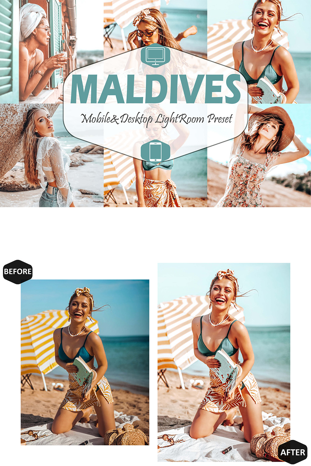 10 Maldives Mobile & Desktop Lightroom Presets, sea ocean LR preset, Portrait editing Filter, DNG Lifestyle Photographer Instagram Theme pinterest preview image.