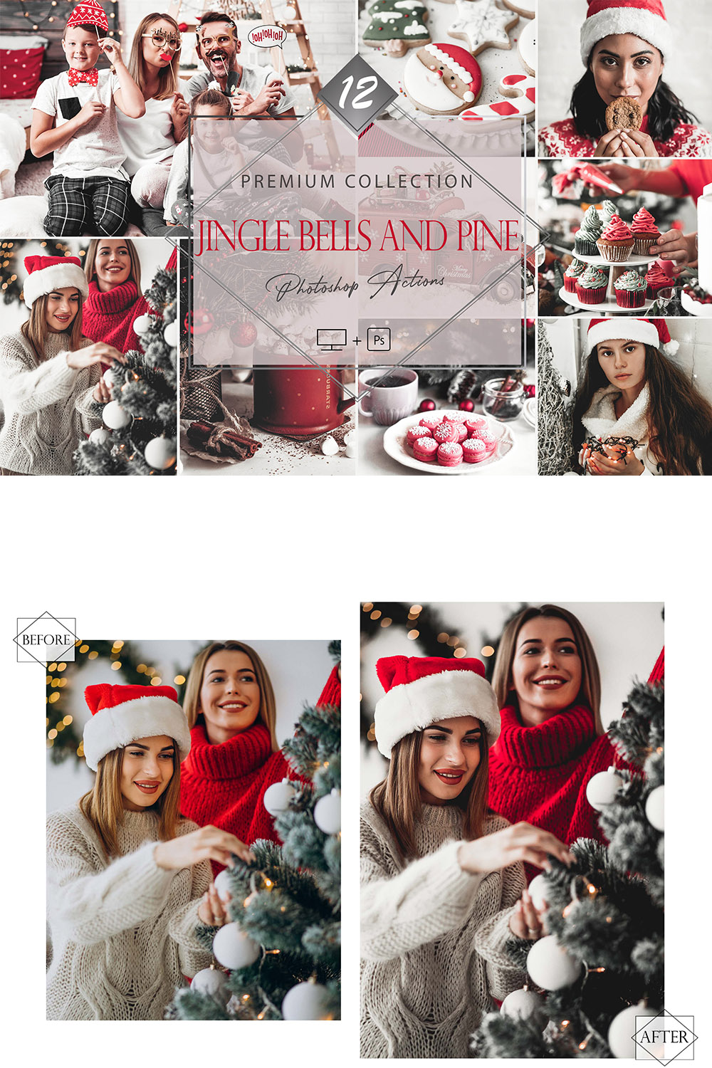 12 Photoshop Actions, Jingle Bells And Pine Ps Action, Christmas ACR Preset, Red Gray Filter, Lifestyle Theme For Instagram, Winter Bright, Warm Portrait pinterest preview image.