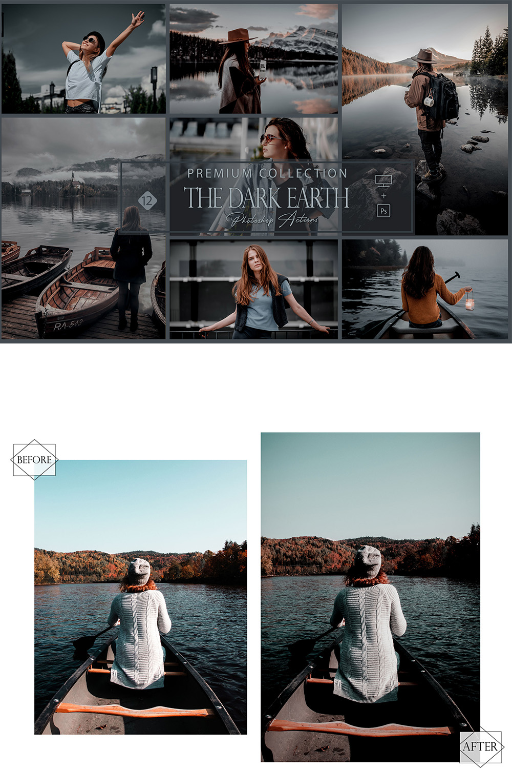 12 Photoshop Actions, The Dark Earth Ps Action, Moody ACR Preset, Black And Blue Filter, Top Theme, Blog Instagram, Nature Image, Darkened pinterest preview image.