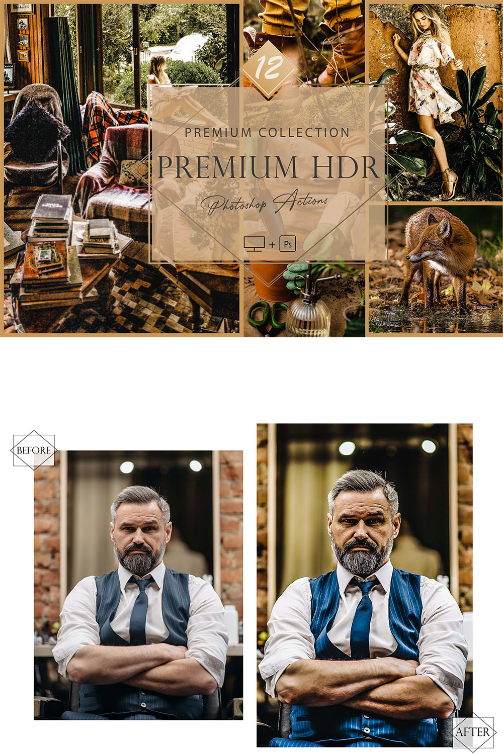 12 Photoshop Actions, Premium HDR Ps Action, High Detail ACR Preset, Orange Filter, Lifestyle Theme For Instagram, Spring Moody, Warm Portrait pinterest preview image.