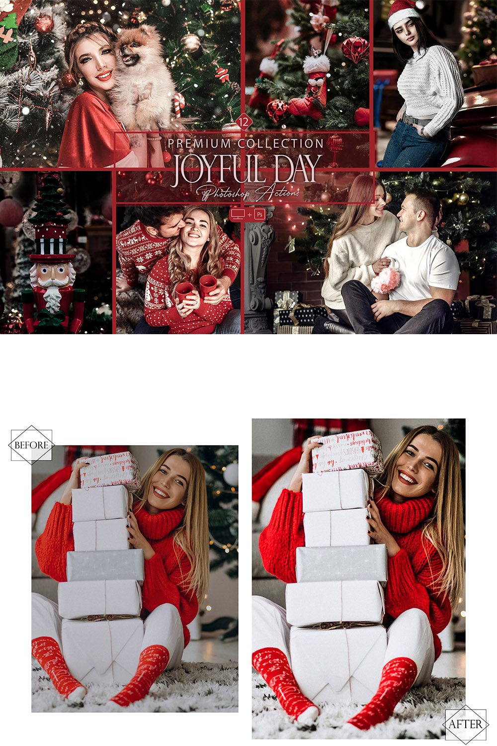12 Photoshop Actions, Joyful Day Ps Action, Red ACR Preset, Saturation Filter, Lifestyle Theme For Instagram, Christmas, Family Photos pinterest preview image.