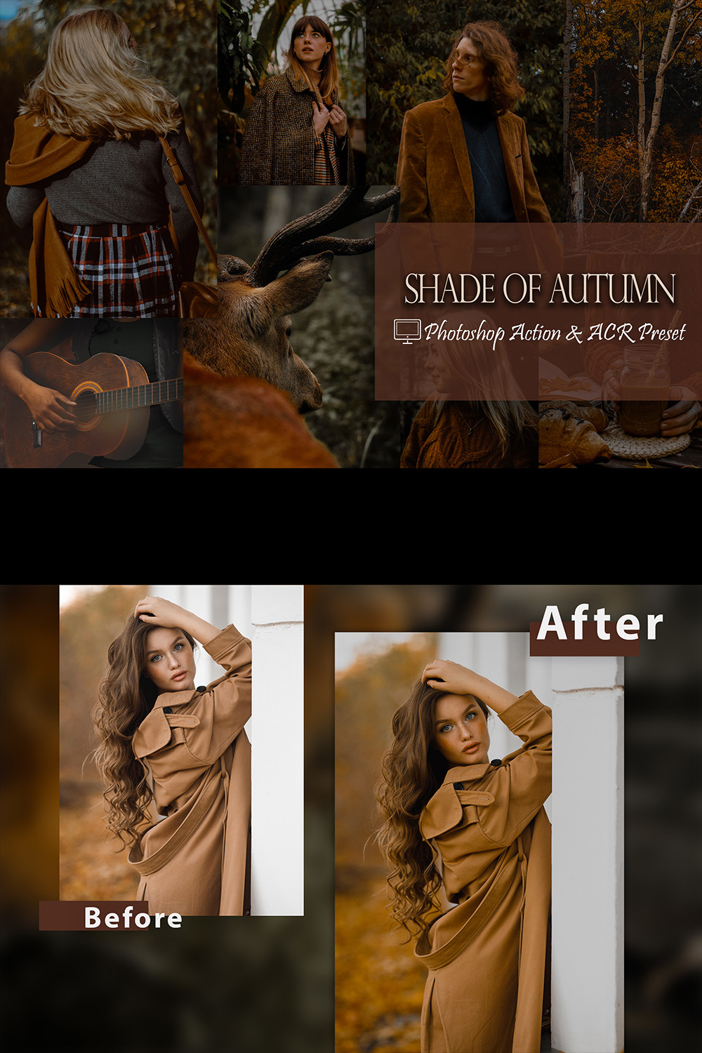 12 Photoshop Actions, Shade Of Autumn Ps Action, Fall ACR Preset, Saturation Filter, Lifestyle Theme For Instagram, Warm Brownie, Professional Portrait pinterest preview image.