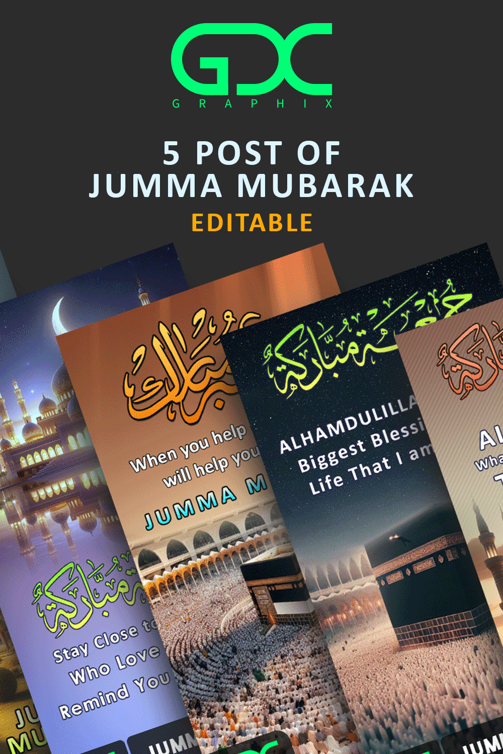 5 Post Bundle of Jummah Mubarak Editable pinterest preview image.