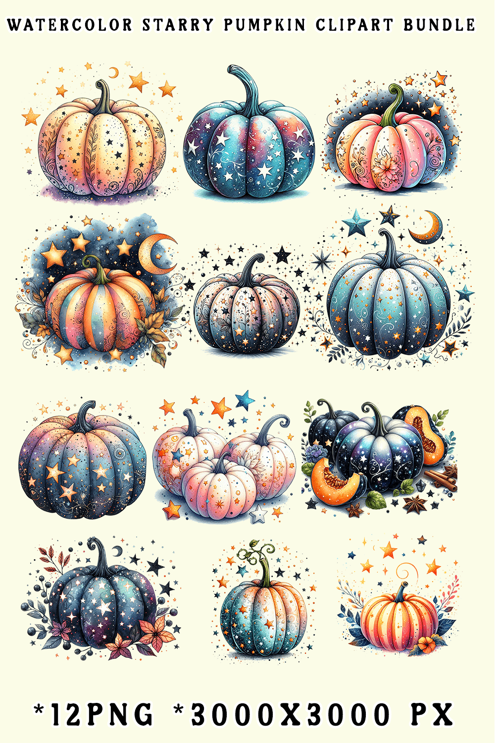 Watercolor Starry Pumpkin Clipart Bundle pinterest preview image.