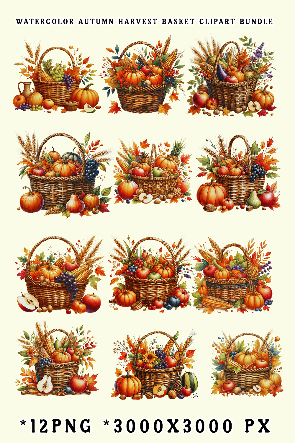 Watercolor Autumn Harvest Basket Clipart Bundle pinterest preview image.