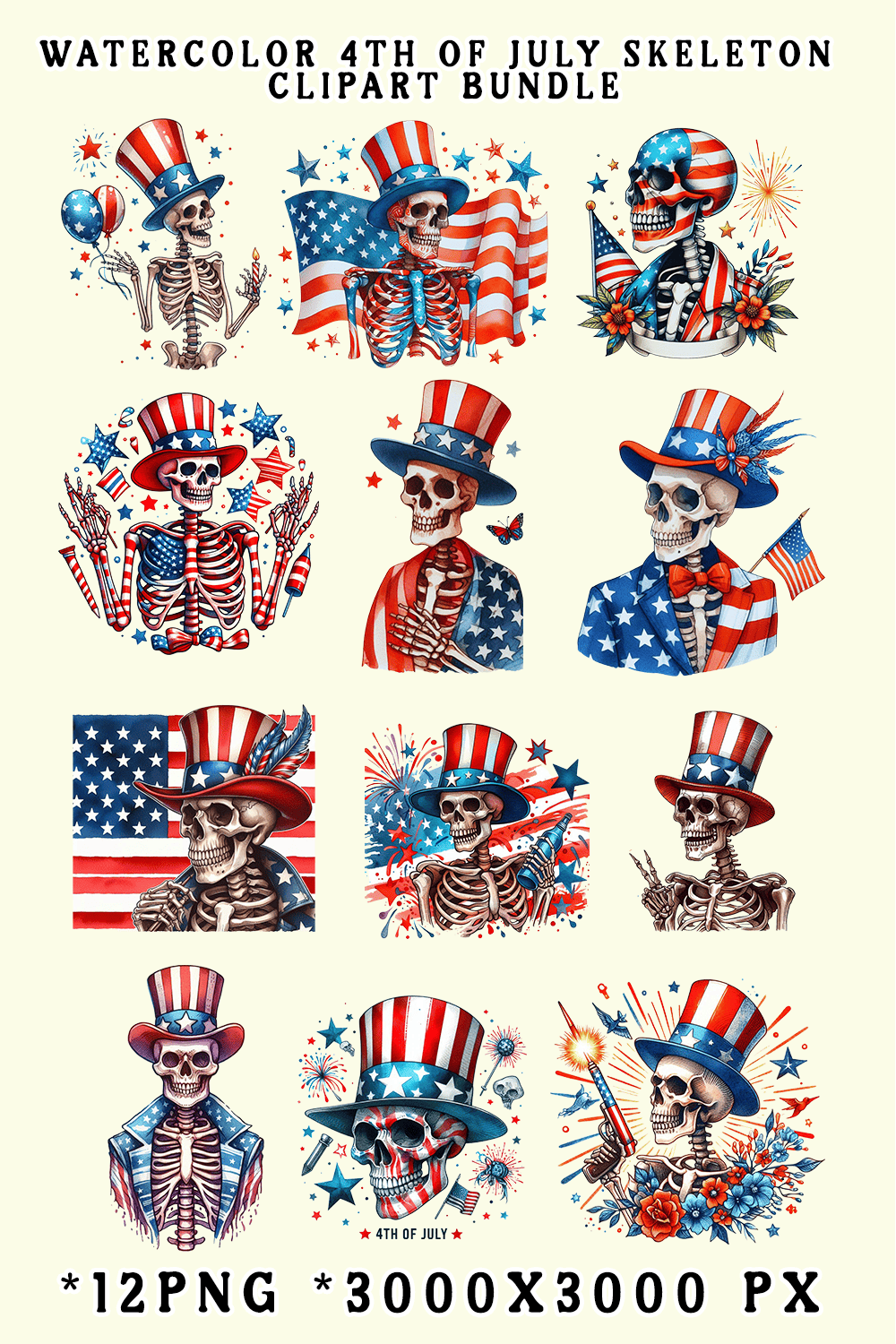 Watercolor 4th Of July Skeleton Clipart Bundle pinterest preview image.