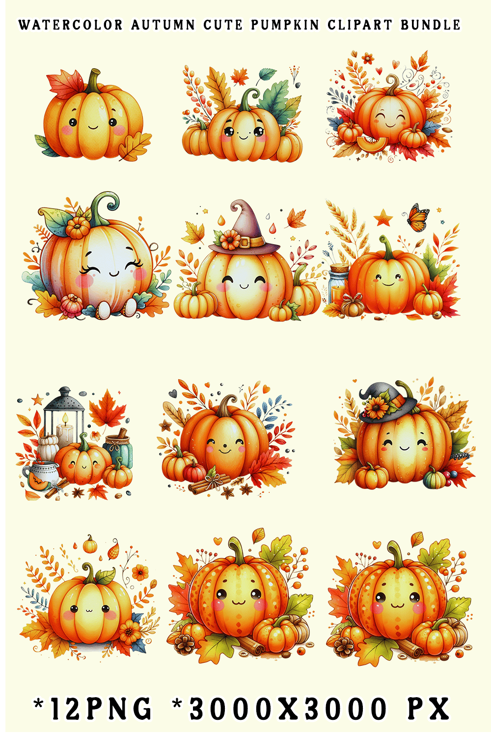 Watercolor Autumn Cute Pumpkin Clipart Bundle pinterest preview image.