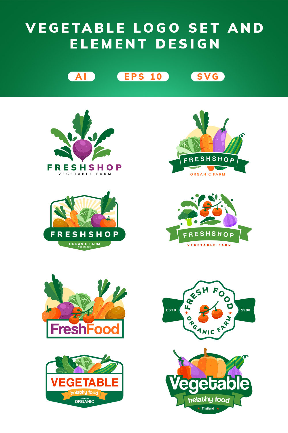 8 Vegetable Logos and icon BUNDLE pinterest preview image.
