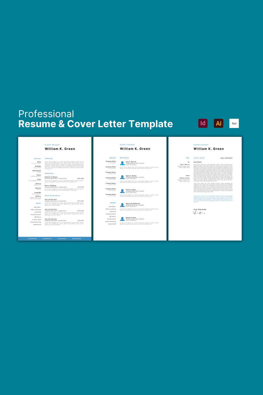 FREE - Resume Template & Cover Letter pinterest preview image.
