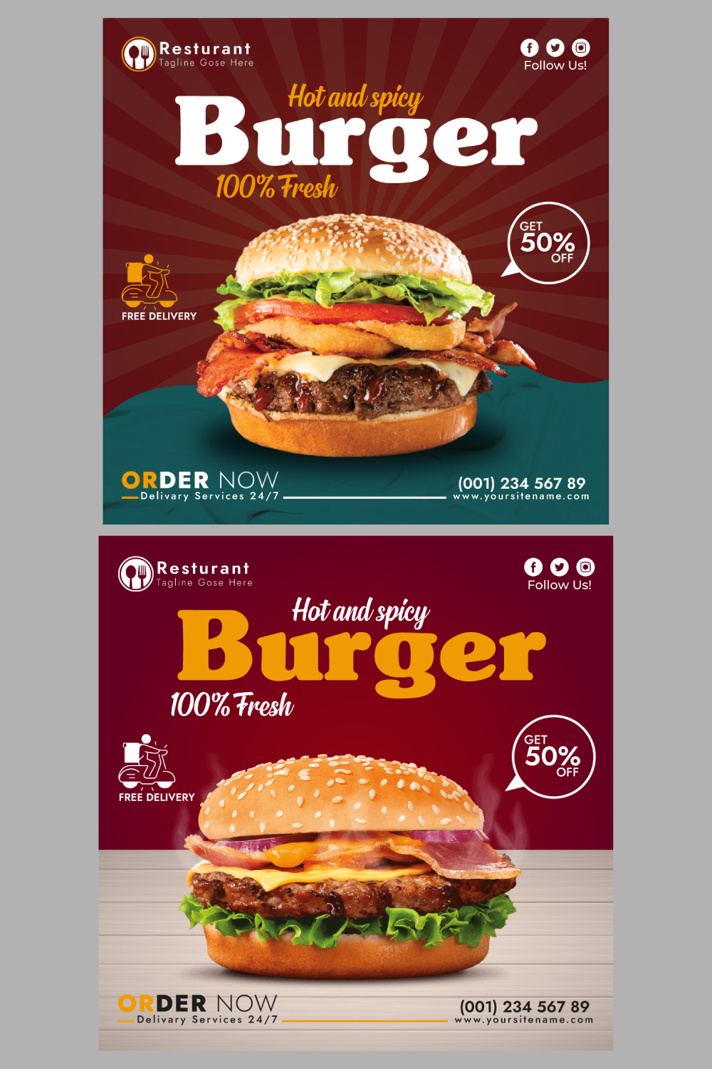2 Burger Social Media And Instagram post Template pinterest preview image.